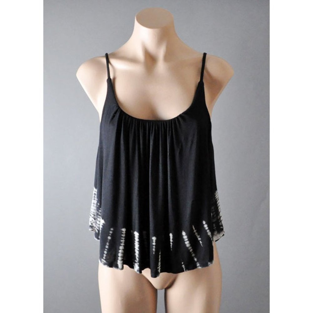 Summer Beach Comfy Black Tie Dye Casual Cami Spaghetti Strap Lined Crop Top S